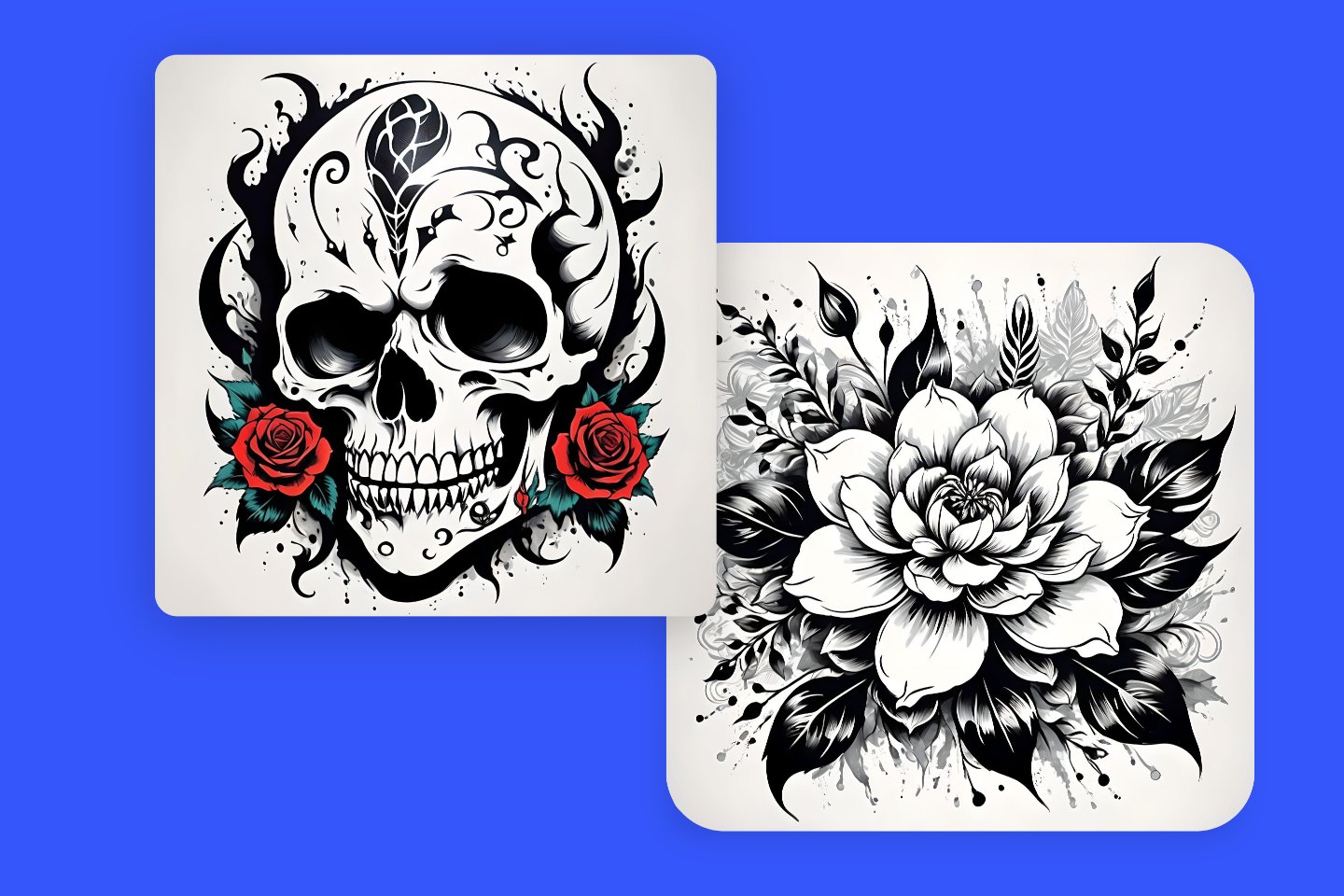 Générez un tatouage de crâne et de fleur en utilisant le générateur de tatouages IA de Fotor
