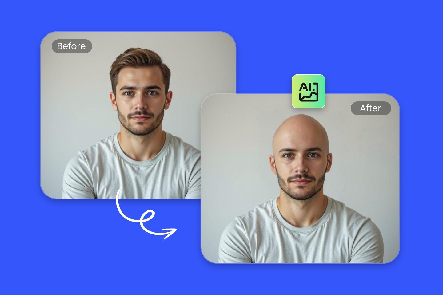 Appliquer le filtre chauve IA de Fotor sur le selfie de l’homme afin de simuler une tête chauve